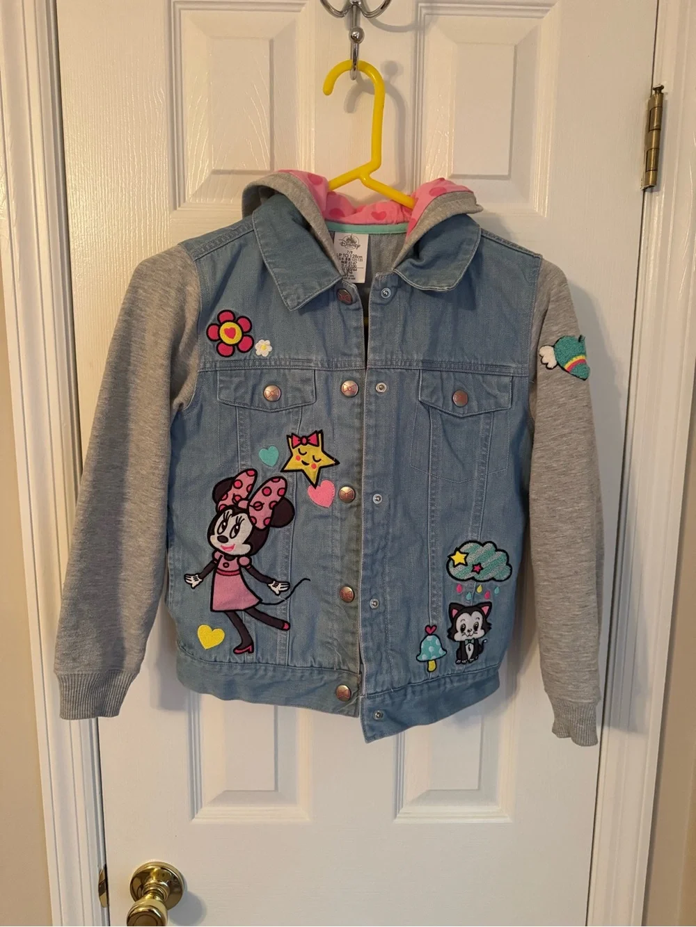 Disney Girls' Minnie Denim Jacket with Gray Sleeves and Pink Hood